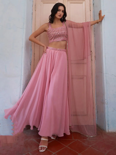 Beautiful Pink Mirror Work Georgette Party Wear Crop Top Palazzo